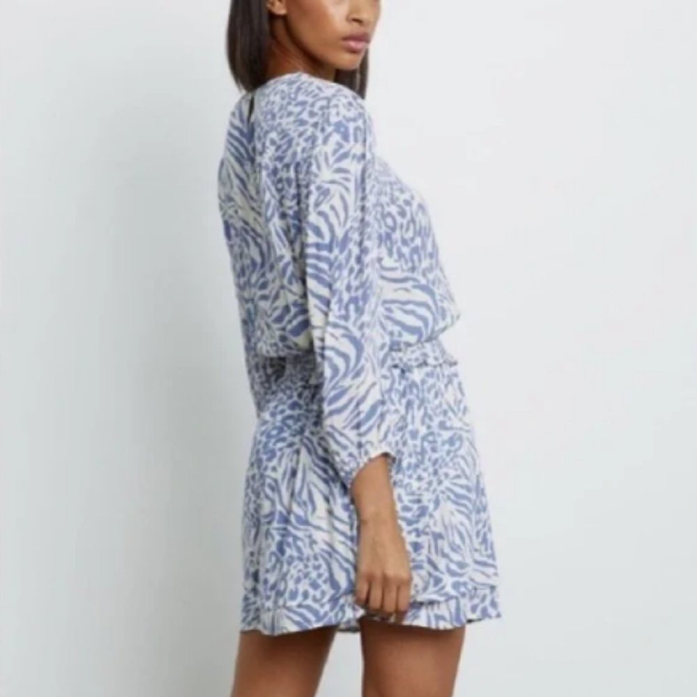 Rails Inez Smocked Crepe Zebra Leopard Print Mini Dress Size S Blue White Small.